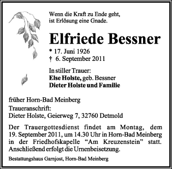 Anzeige  Elfriede Bessner  Lippische Landes-Zeitung