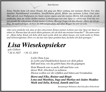 Anzeige  Lisa  Wiesekopsieker  Lippische Landes-Zeitung