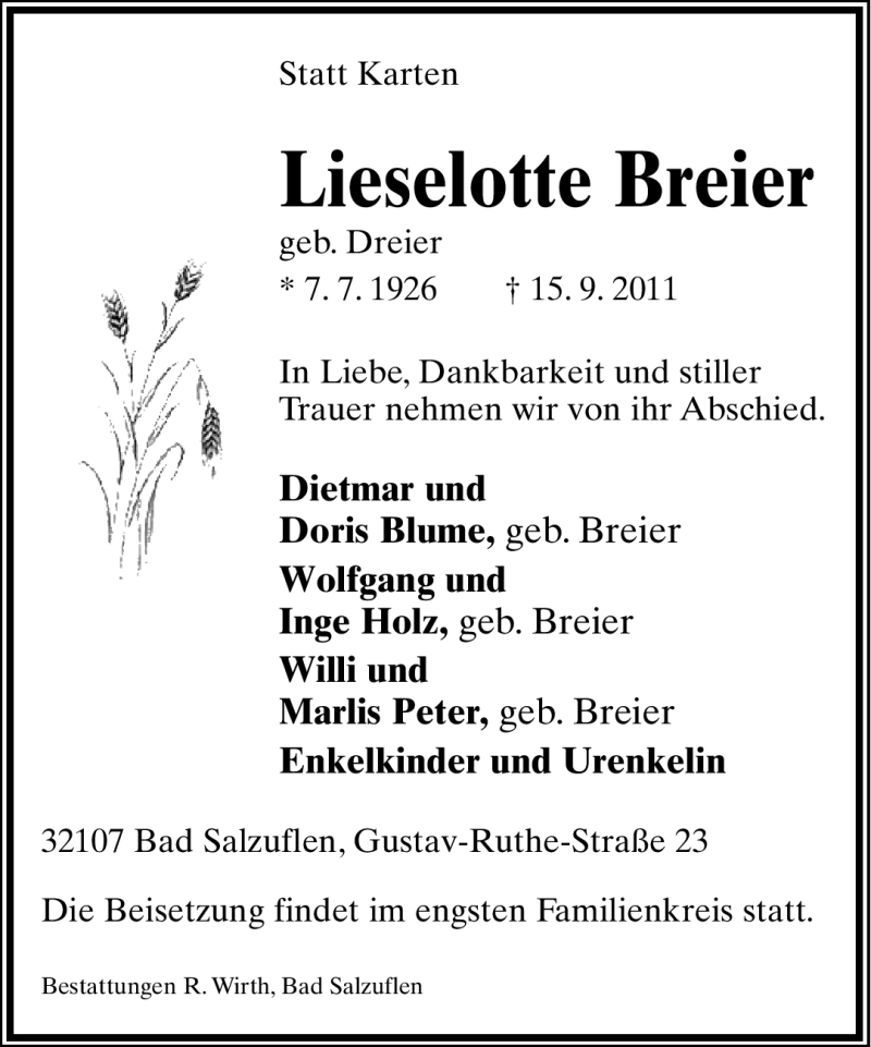  Traueranzeige für Lieselotte Breier vom 17.09.2011 aus Lippische Landes-Zeitung