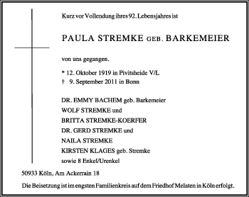 Anzeige  Paula Stremke  Lippische Landes-Zeitung