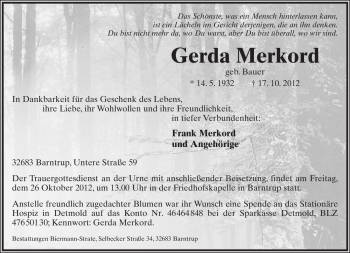 Anzeige  Gerda Merkord  Lippische Landes-Zeitung
