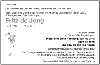 Anzeige  Fritz de Jong  Lippische Landes-Zeitung