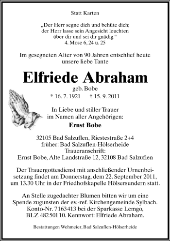 Anzeige  Elfriede Abraham  Lippische Landes-Zeitung
