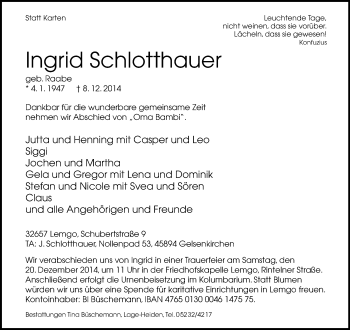 Anzeige  Ingrid Schlotthauer  Lippische Landes-Zeitung