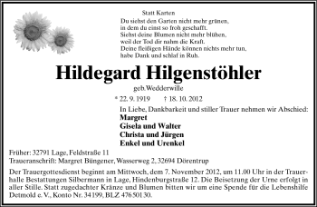 Anzeige  Hildegard Hilgenstöhler  Lippische Landes-Zeitung