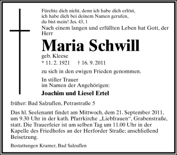 Anzeige  Maria Schwill  Lippische Landes-Zeitung