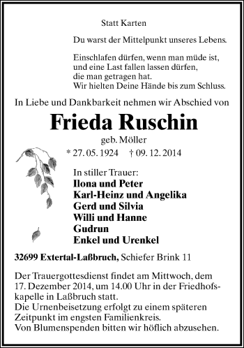 Anzeige  Frieda Ruschin  Lippische Landes-Zeitung