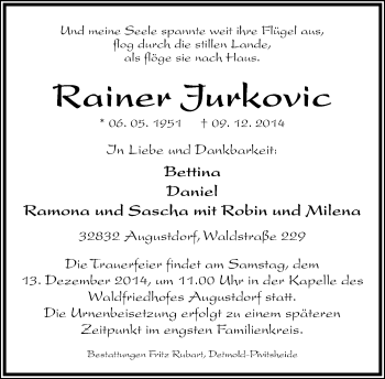 Anzeige  Rainer  Jurkovic  Lippische Landes-Zeitung