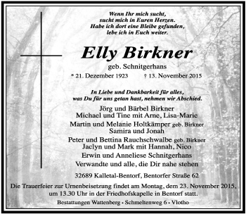 Anzeige  Elly Birkner  Lippische Landes-Zeitung