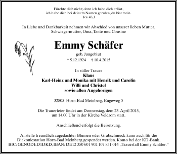 Anzeige  Emmy Schäfer  Lippische Landes-Zeitung