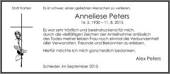 Anzeige  Anneliese Peters  Lippische Landes-Zeitung