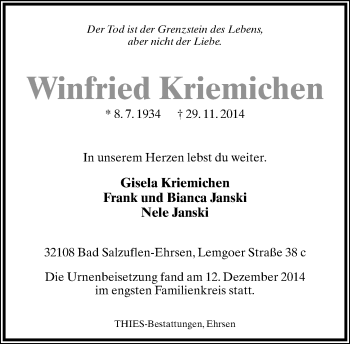 Anzeige  Winfried Kriemichen  Lippische Landes-Zeitung