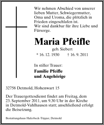 Anzeige  Maria Pfeifle  Lippische Landes-Zeitung
