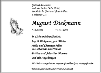 Anzeige  August Diekmann  Lippische Landes-Zeitung