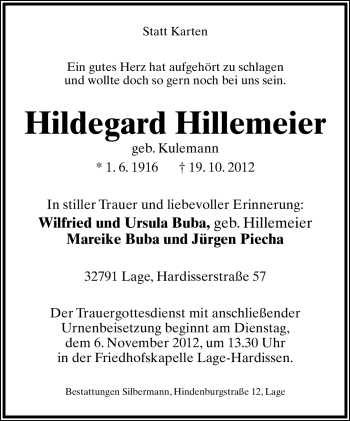 Anzeige  Hildegard Hillemeier  Lippische Landes-Zeitung