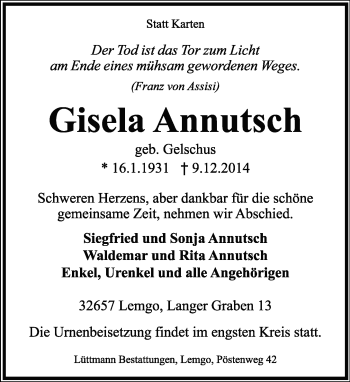 Anzeige  Gisela Annutsch  Lippische Landes-Zeitung