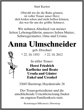 Anzeige  Anna Ulmschneider  Lippische Landes-Zeitung