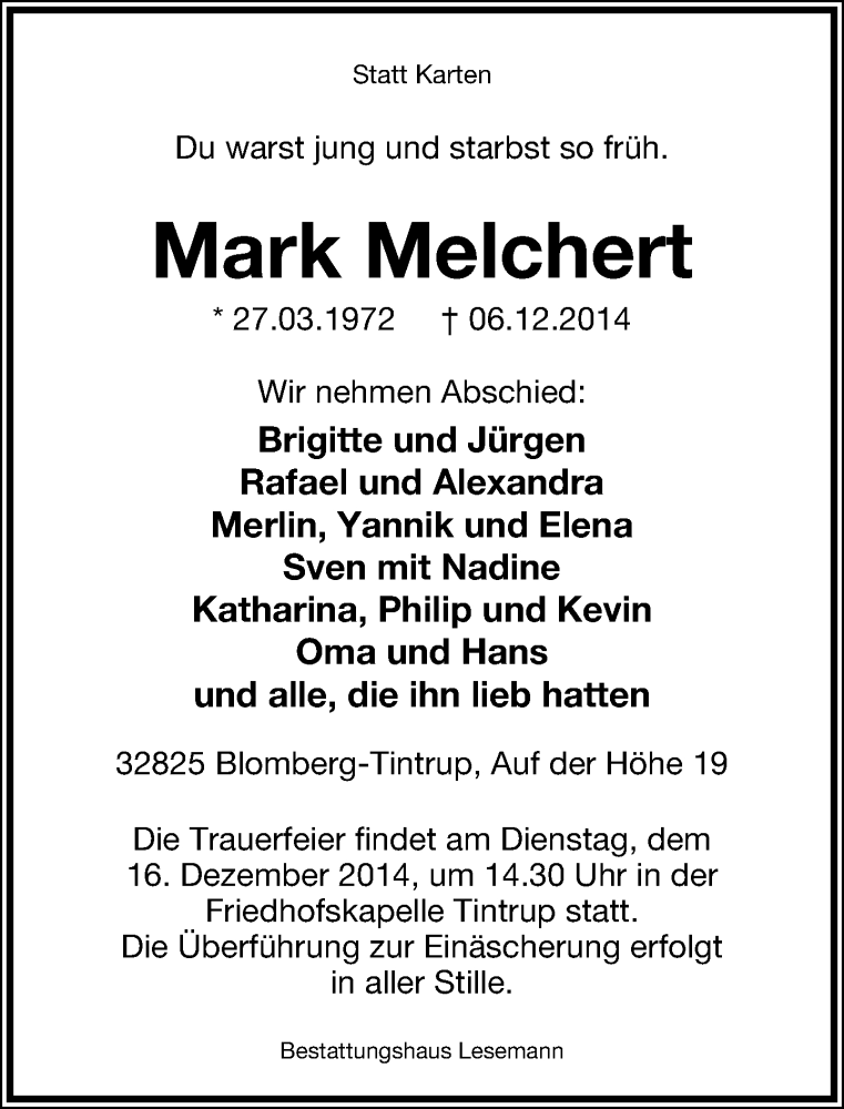  Traueranzeige für Mark Melchert vom 13.12.2014 aus Lippische Landes-Zeitung
