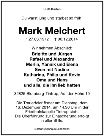 Anzeige  Mark Melchert  Lippische Landes-Zeitung