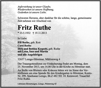 Anzeige  Fritz Ruthe  Lippische Landes-Zeitung