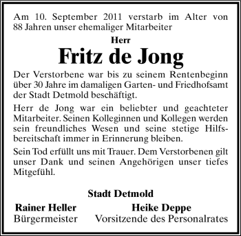 Anzeige  Fritz de Jong  Lippische Landes-Zeitung