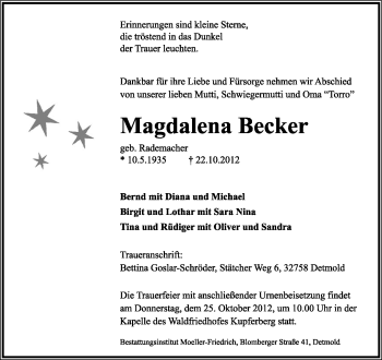 Anzeige  Magdalena Becker  Lippische Landes-Zeitung