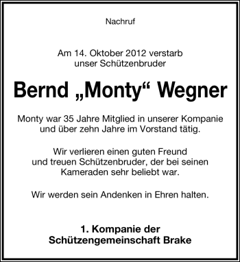 Anzeige  Bernd Wegner  Lippische Landes-Zeitung