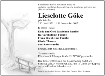 Anzeige  Lieselotte Göke  Lippische Landes-Zeitung