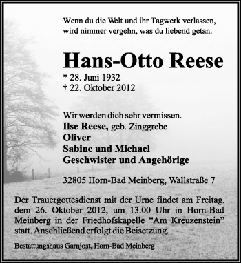 Anzeige  Hans-Otto  Reese  Lippische Landes-Zeitung