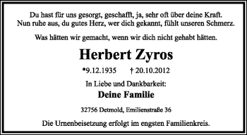 Anzeige  Herbert Zyros  Lippische Landes-Zeitung