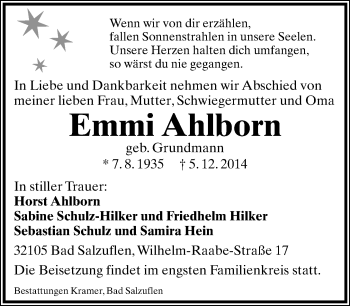 Anzeige  Emmi Ahlborn  Lippische Landes-Zeitung