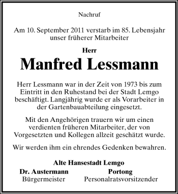 Anzeige  Manfred Lessmann  Lippische Landes-Zeitung