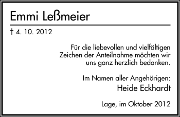 Anzeige  Emmi Leßmeier  Lippische Landes-Zeitung