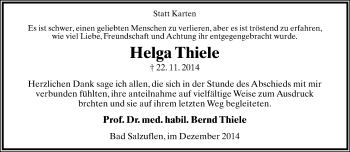 Anzeige  Helga Thiele  Lippische Landes-Zeitung