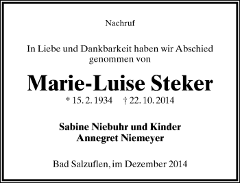 Anzeige  Marie-Luise Steker  Lippische Landes-Zeitung