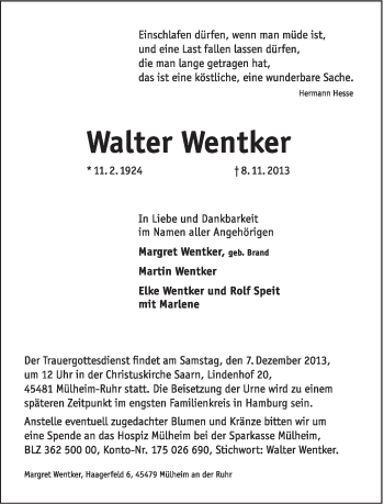 Anzeige  Walter Wentker  Lippische Landes-Zeitung