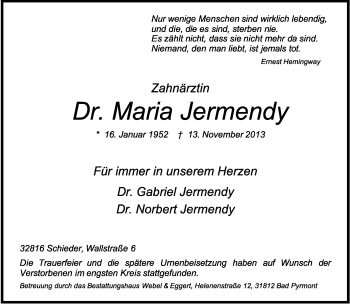 Anzeige  Maria Jermendy  Lippische Landes-Zeitung