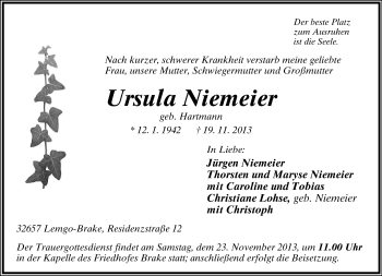 Anzeige  Ursula Niemeier  Lippische Landes-Zeitung
