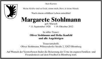 Anzeige  Margarete Stohlmann  Lippische Landes-Zeitung