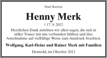 Anzeige  Henny Merk  Lippische Landes-Zeitung