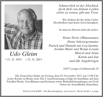 Anzeige  Udo Gleim  Lippische Landes-Zeitung
