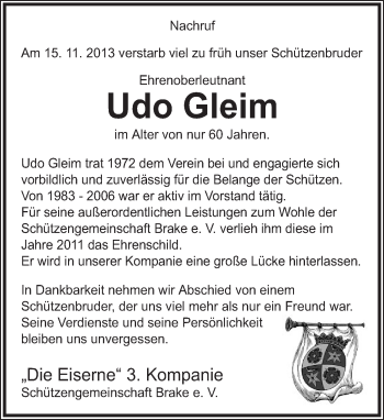 Anzeige  Udo Gleim  Lippische Landes-Zeitung