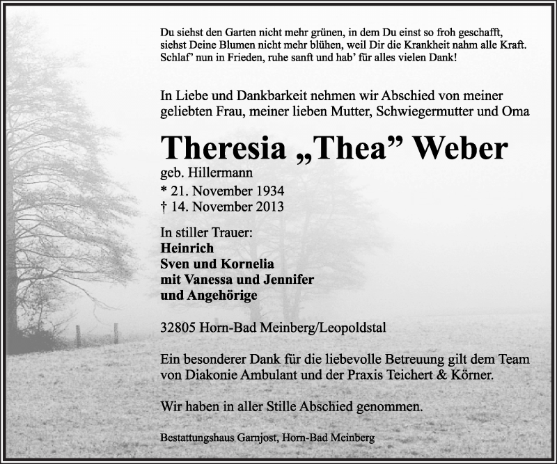 Traueranzeige für Theresia Weber vom 23.11.2013 aus Lippische Landes-Zeitung