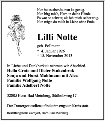 Anzeige  Lilli Nolte  Lippische Landes-Zeitung