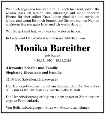 Anzeige  Monika Bareither  Lippische Landes-Zeitung