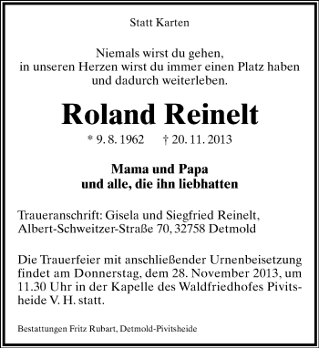 Anzeige  Roland Reinelt  Lippische Landes-Zeitung