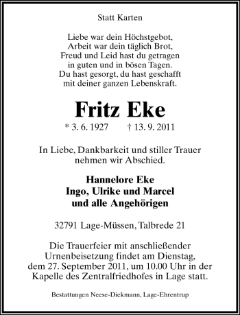Anzeige  Fritz Eke  Lippische Landes-Zeitung