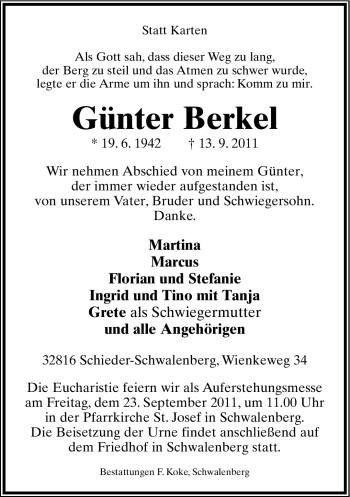 Anzeige  Günter Berkel  Lippische Landes-Zeitung