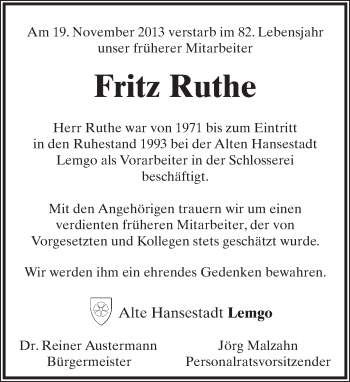 Anzeige  Fritz Ruthe  Lippische Landes-Zeitung