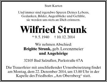 Anzeige  Wilfried Strunk  Lippische Landes-Zeitung
